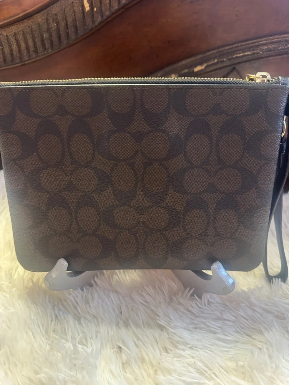 COACH Brown Signature Zip Wristlet with Gold Hardware